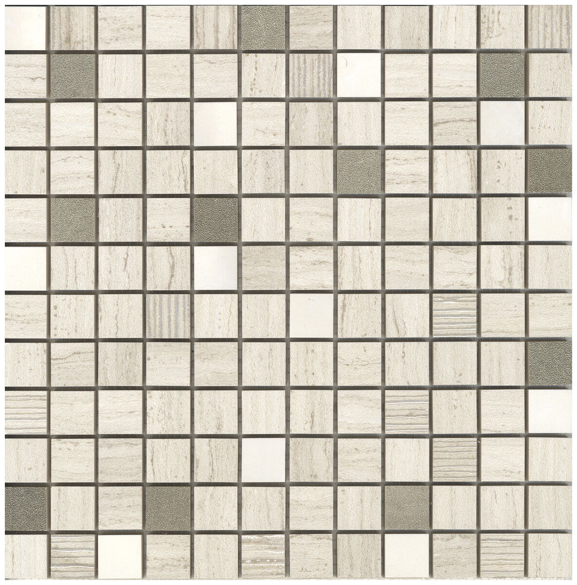 Mozaika Marbox Travertine 2,5x2,5 w odcieniach beżu i szarości z matowym efektem trawertynu