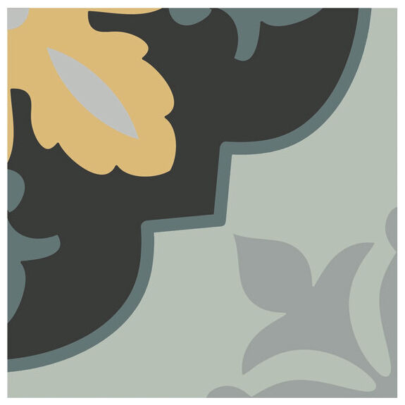 Matowy gres Violet Night 15x15 z geometrycznym wzorem w szarościach błękitach i żółci