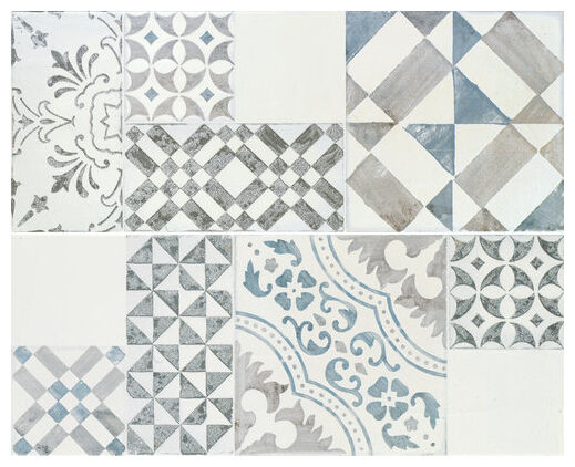 Patchworkowa płytka Aniko White MIX 20x50 w szarosciach i pastelowym blekicie matowa