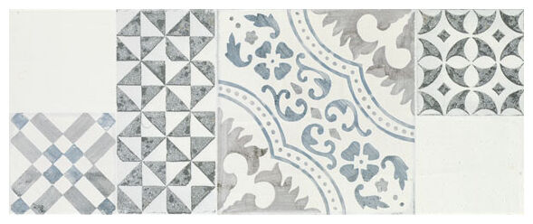 Patchworkowa płytka Circus II White 20x50 z motywami geometrycznymi i roślinnymi na matowym jasnym tle