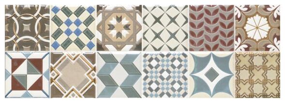 Patchworkowy wzór płytki Many i dekor 20x60 w odcieniach błękitu brązu beżu i rdzy