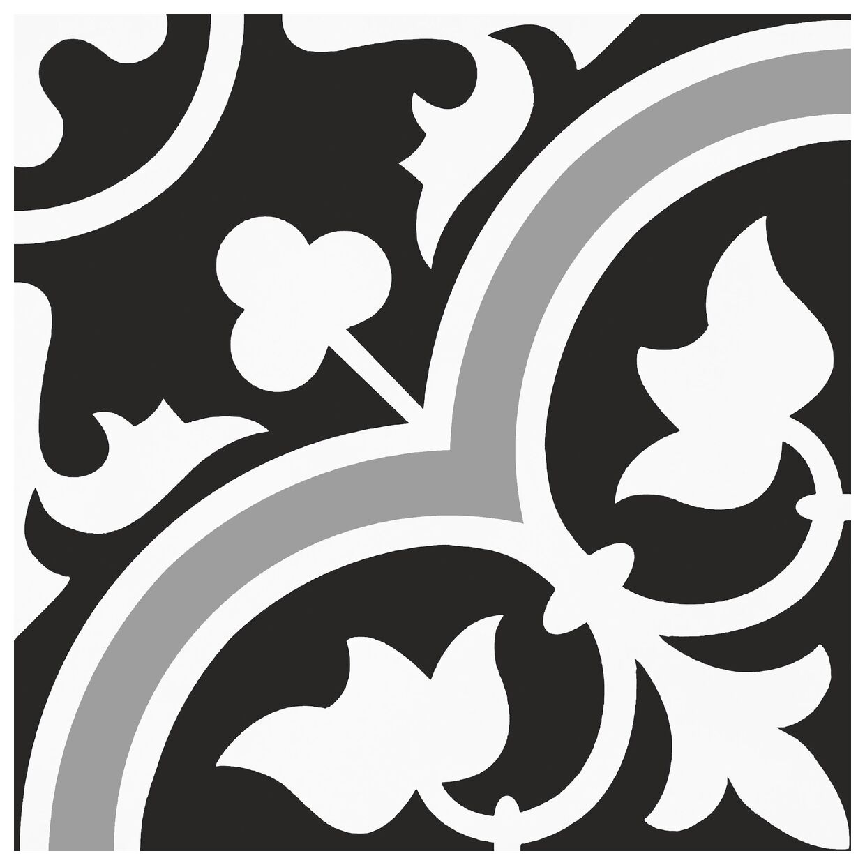 Wyrazisty wzór ornamentu Scarlet BKM gres 20x20 w odcieniach czerni bieli i szarości