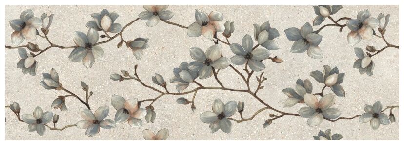 Płytka ścienna Asphalt OFF White Sumire 30x90 z matowym białym tłem i wzorem gałązek magnolii