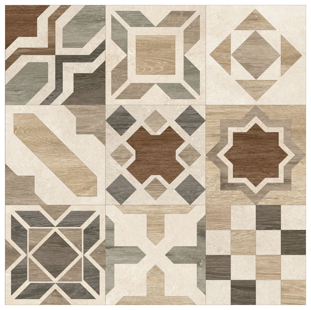 Phuket MIX Ivory gres rektyfikowany 60x60 w stylu vintage z patchworkowymi wzorami i matową fakturą