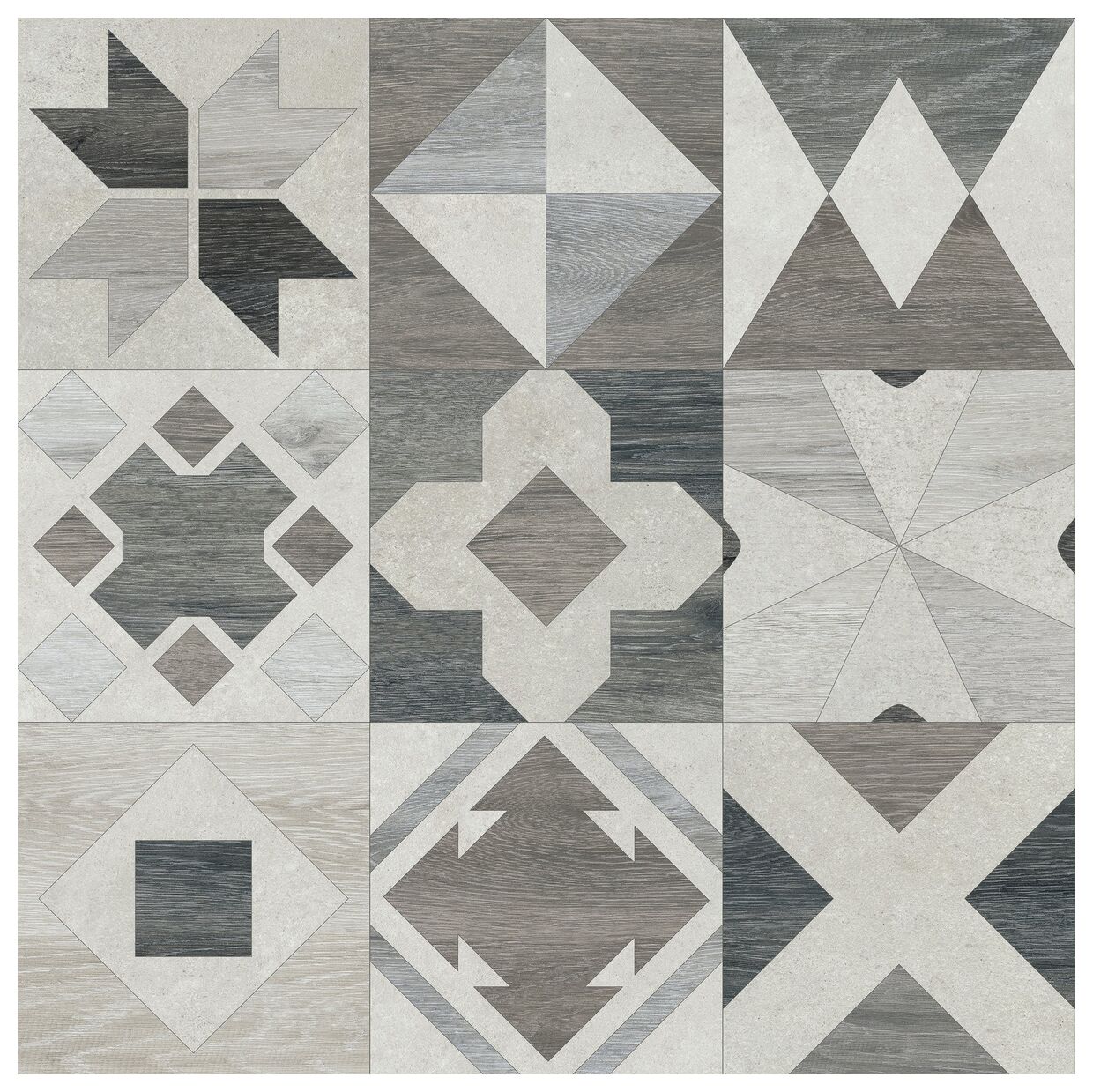 Płytka Phuket MIX Silver 60x60 z geometrycznym wzorem patchworkowym w szaro-srebrnych odcieniach