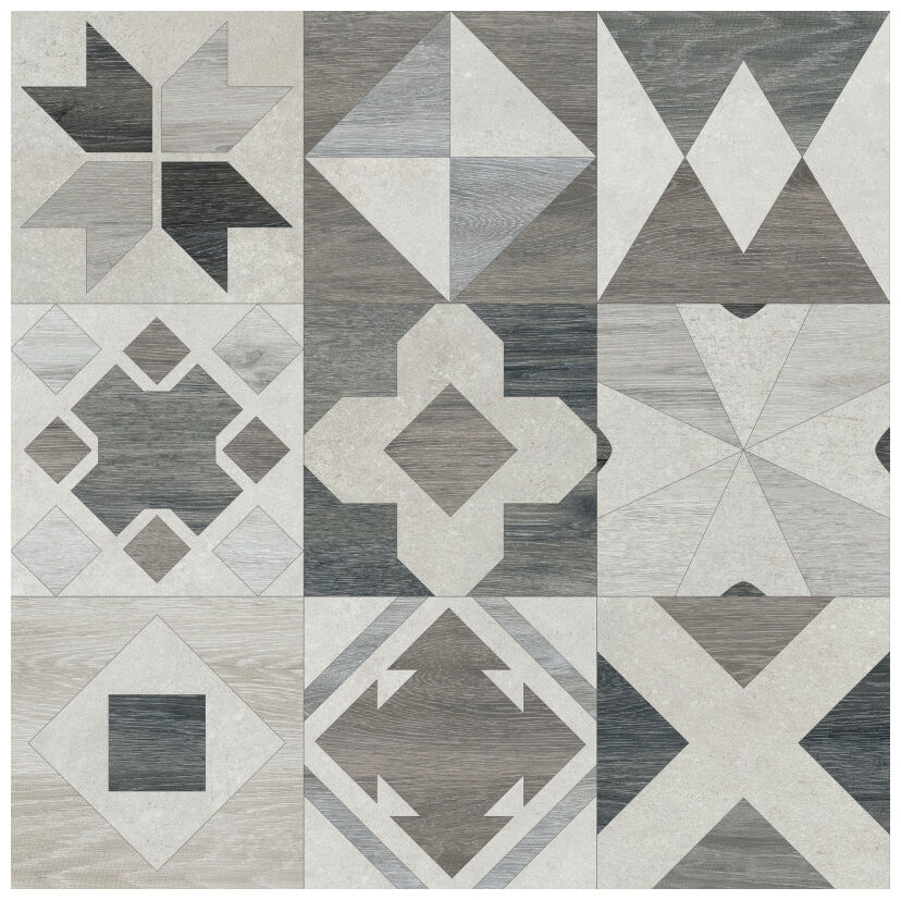 Płytka Phuket MIX Silver 60x60 z geometrycznym wzorem patchworkowym w szaro-srebrnych odcieniach - zdjęcie nr: 2