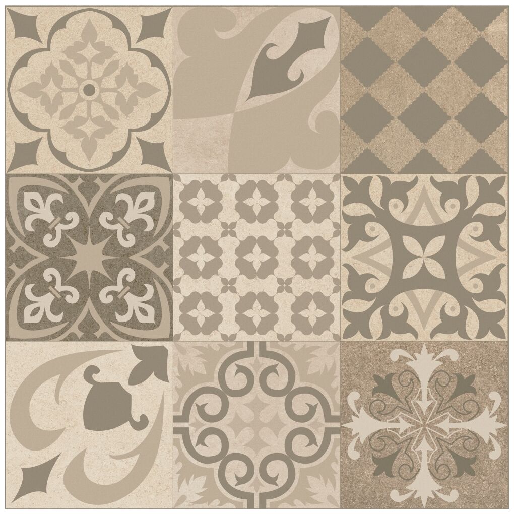 Matowa płytka Krabi MIX Bone 60x60 z patchworkowym wzorem w beżowo-brązowej kolorystyce stylu vintage