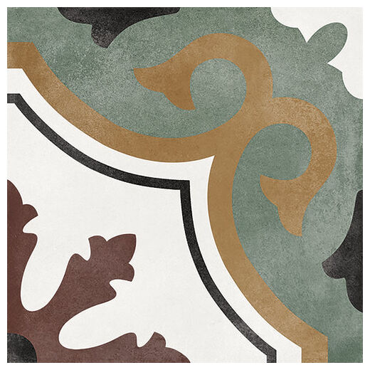 Matowy Olivia gres 15x15 z geometrycznym wzorem w odcieniach zieleni brazu czerni i bieli