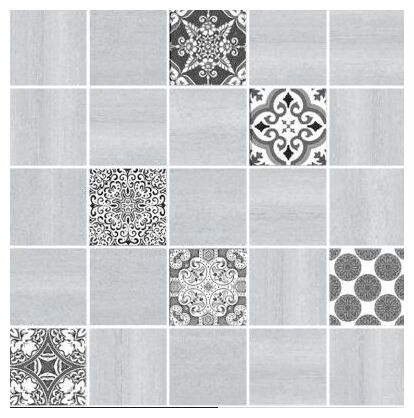 Duża mozaika Novara 25x25 w czarno-białej kolorystyce z ornamentami i błyszczącą powierzchnią