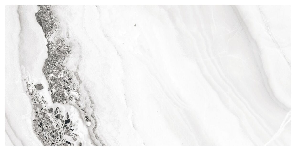 Bialy gres kamieniopodobny Lilefjord Shine mat z szarymi przebarwieniami i mineralnymi drobinami