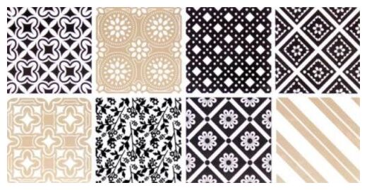 Płytka Cortina Ornamento dekor 30x60 z geometrycznymi i roślinnymi wzorami w czerni bieli i beżu