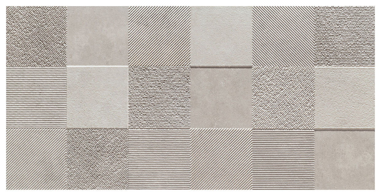 Blinds Grey 1 STR dekor 29,8x59,8 ukazuje kwadratowe szare pola z różnymi fakturami