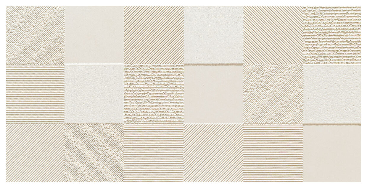 Matowa płytka Blinds White 1 STR z fakturą kwadratów i geometrycznym wzorem w jasnych tonach