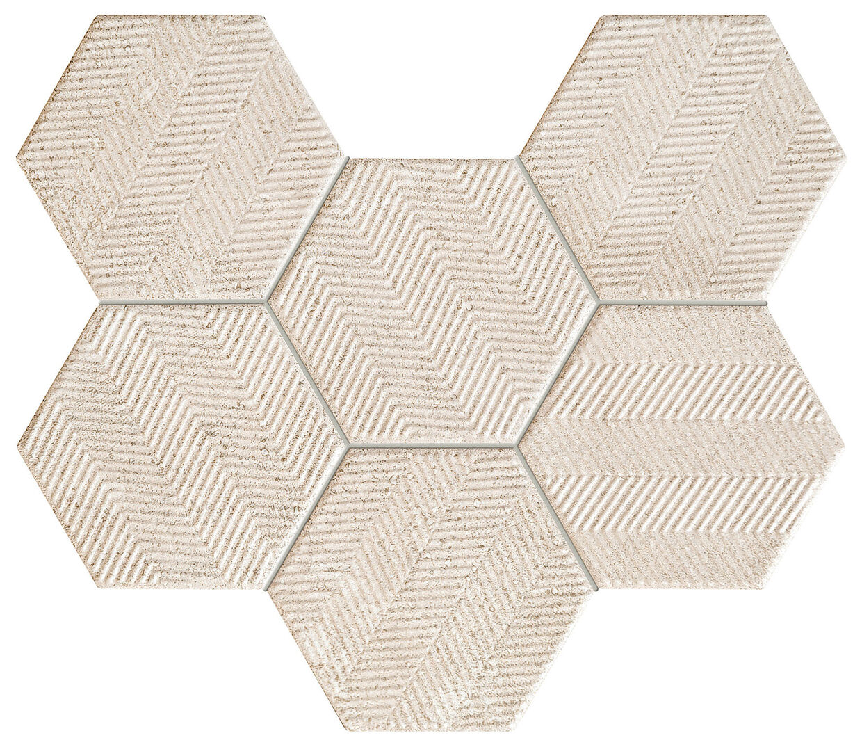 Mozaika Sfumato Hex 28,9x22,1 z matowych beżowych heksagonów z jodełkową strukturą