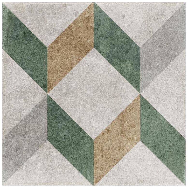 Płytka Grazie gres 20x20 o geometrycznym wzorze w odcieniach szarości zieleni i beżu