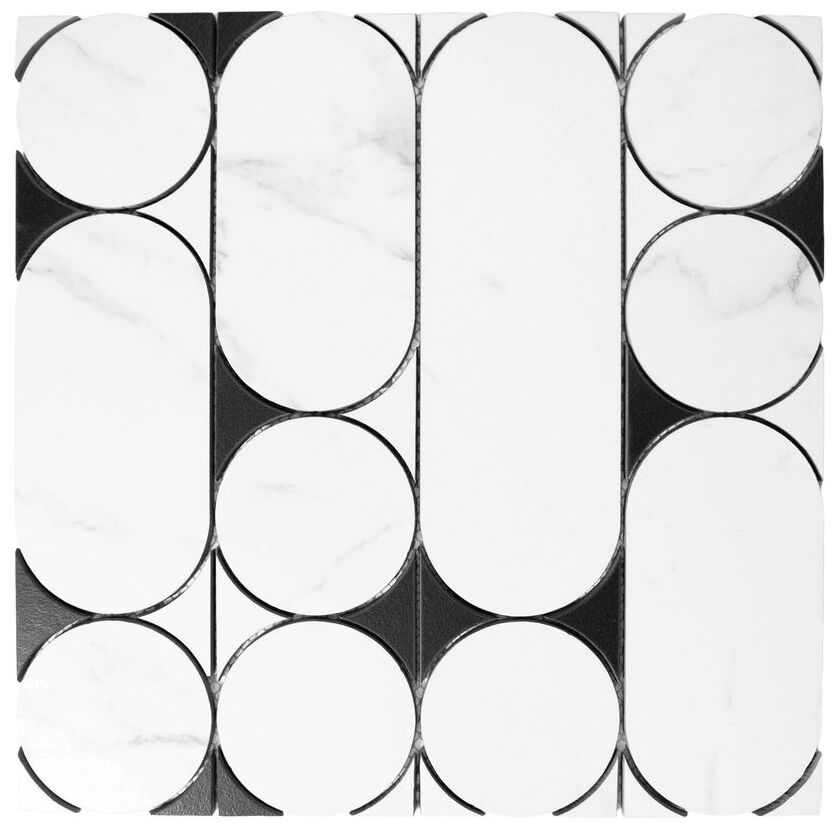 Bellamy Carrara GP mozaika gresowa 30x30 z białymi kołami i szarymi żyłkami na czarnym tle