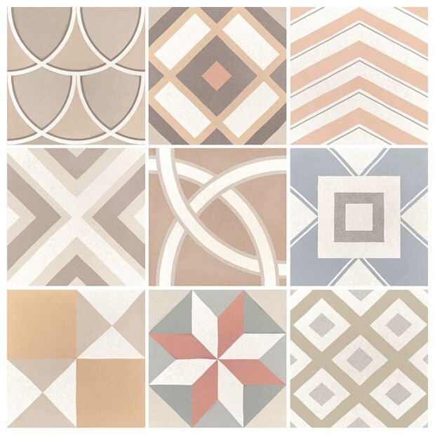 Patchworkowa płytka Caprice Deco Pastel z pastelowymi wzorami w odcieniach beżu i błękitu