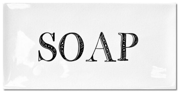 Mała płytka Artisan Bathroom MIX 10x20 z białym tłem i czarnym napisem SOAP