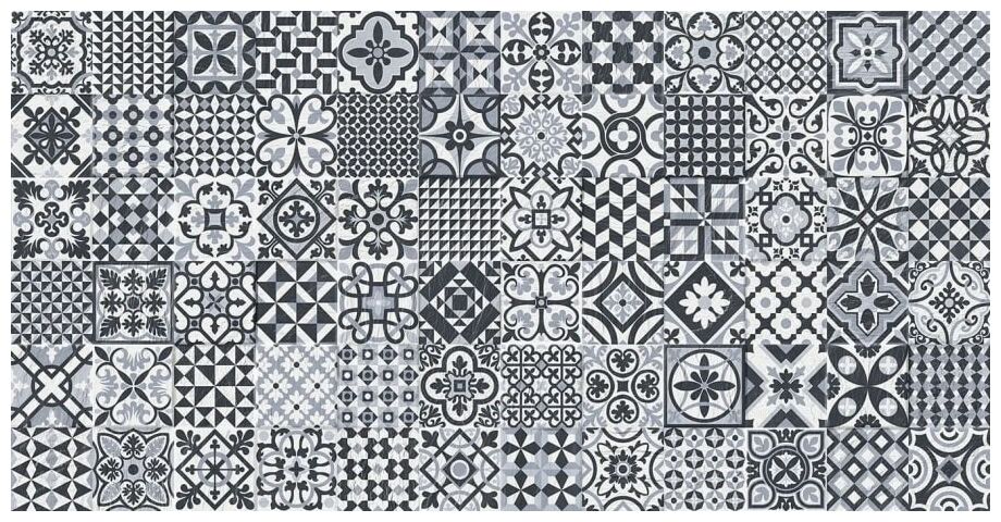 Matowa płytka Heritage Black dekor 32x62,5 z czarno-białym patchworkowym wzorem