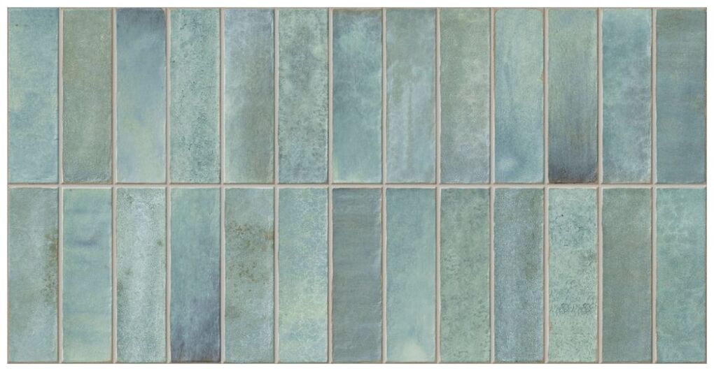 Błyszczące płytki Deco Artis Green z efektem cegiełki w odcieniach zieleni i turkusu