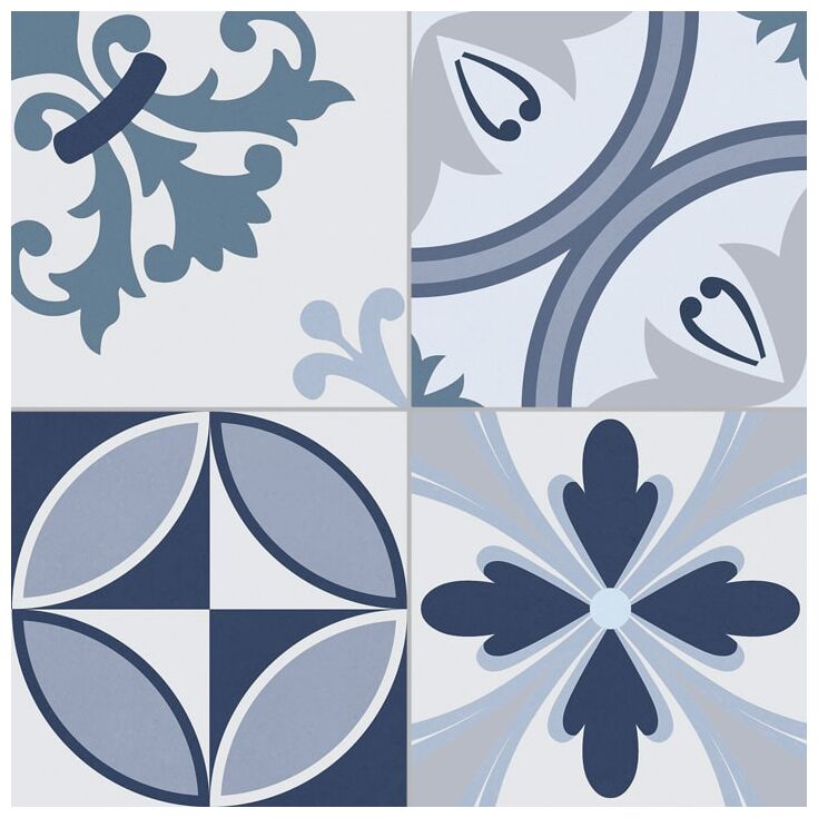 Patchworkowe płytki Lumier Blue z matową powierzchnią w odcieniach niebieskiego i szarości