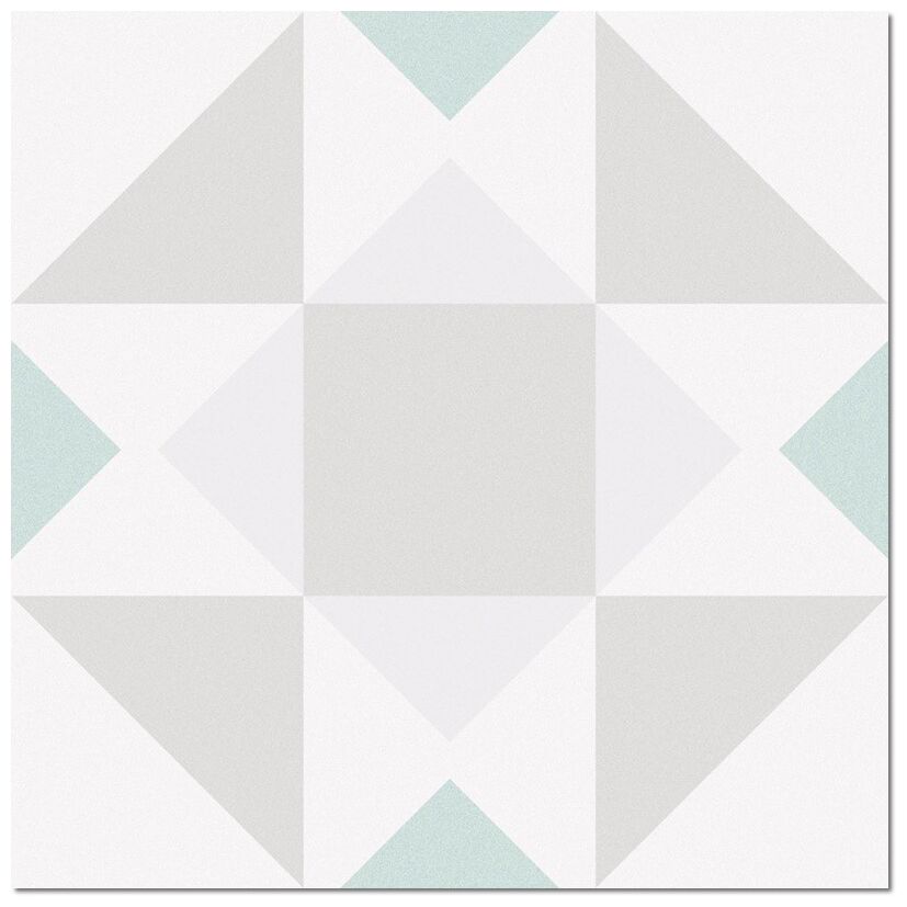Matowy gres Paris Opera 25x25 z geometrycznym wzorem w szarościach i miętowych akcentach