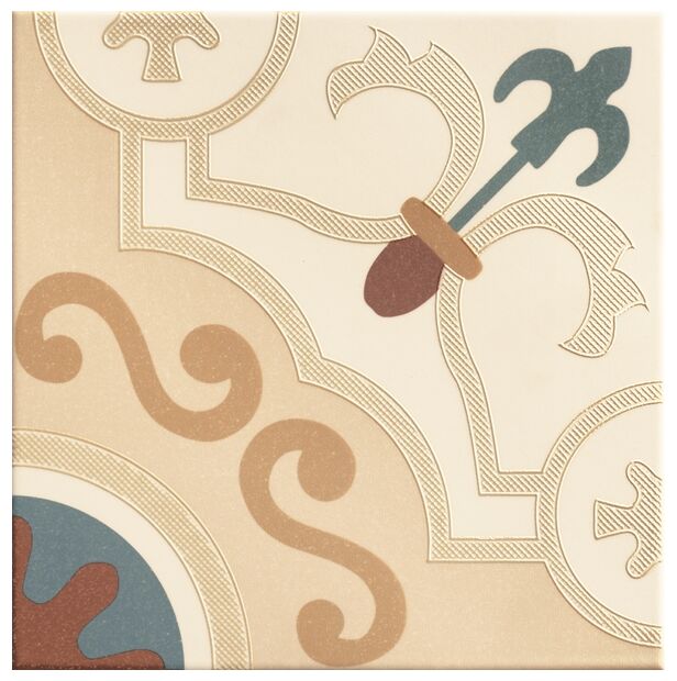 Hiszpańska płytka Romulo dekor 20x20 z geometrycznym wzorem w beżach i brązach z niebieskimi akcentami