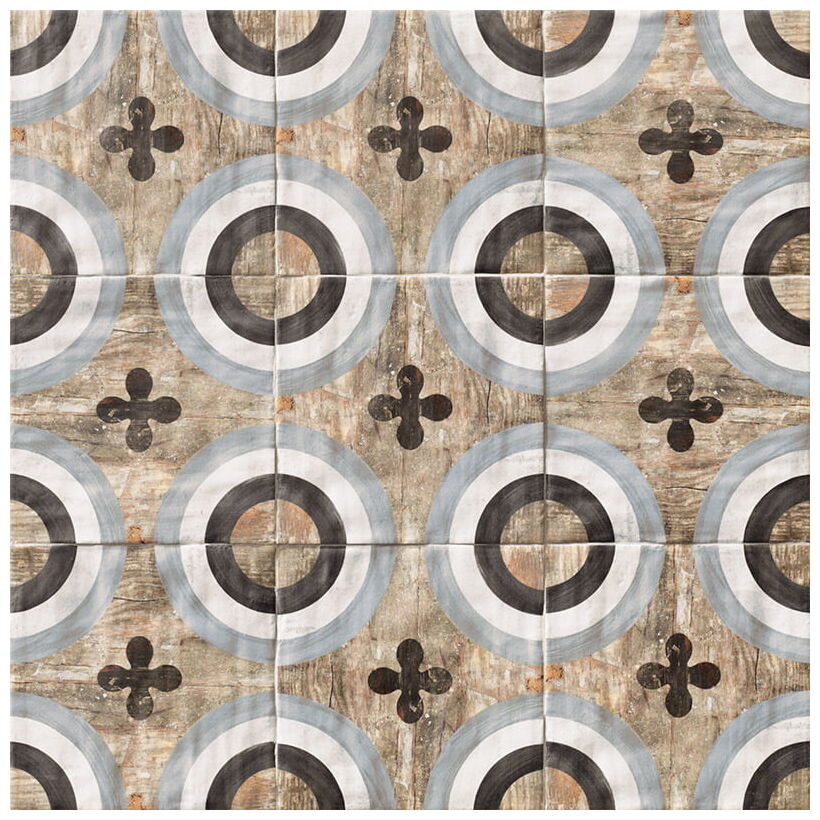 Matowa płytka Lousiana dekor podłogowy 20x20 z geometrycznym wzorem w stonowanych ziemistych kolorach