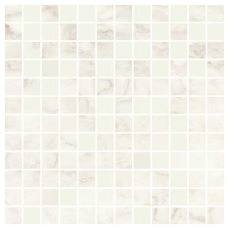 Błyszcząca mozaika Marbleplay Calacatta M4PR 30x30 z szarymi i beżowymi żyłkami na jasnym tle