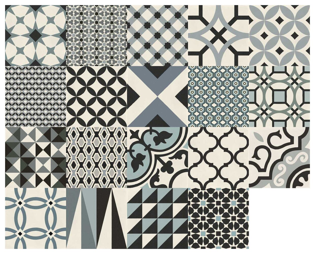 Płytka D_Segni Freddi MIX M0UT o wzorach patchworkowych w szarościach i błękitach na matowej powierzchni