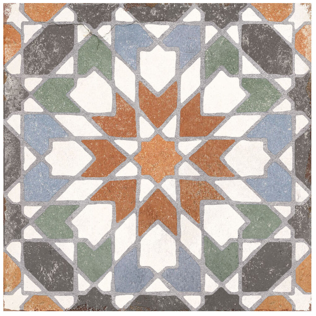 Matowy gres Andalusia Zaida 20x20 z ornamentem w stylu retro w odcieniach terakoty i zieleni