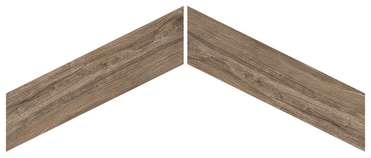 Matowy gres Rovere Chevron Brown o ciepłym brązowym odcieniu imitujący drewno z układem jodełkowym