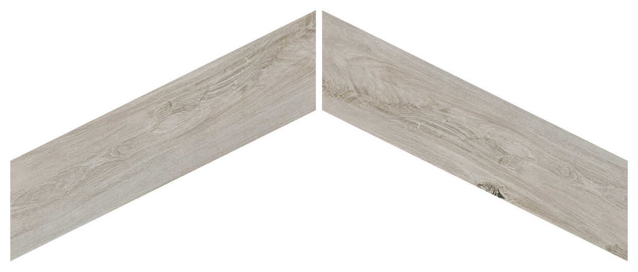 Matowy gres Rovere Chevron Desert 8x40 imitujący drewno z jasną piaskową tonacją i wzorem jodełki