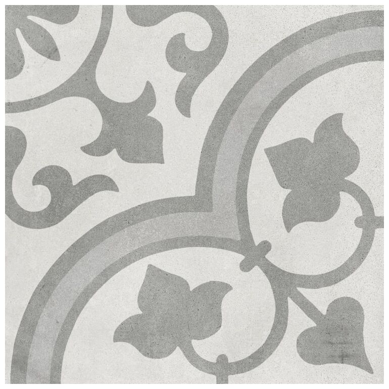 Matowy gres Cuban Silver Ornate 22,3x22,3 z geometrycznym wzorem w odcieniach szarości