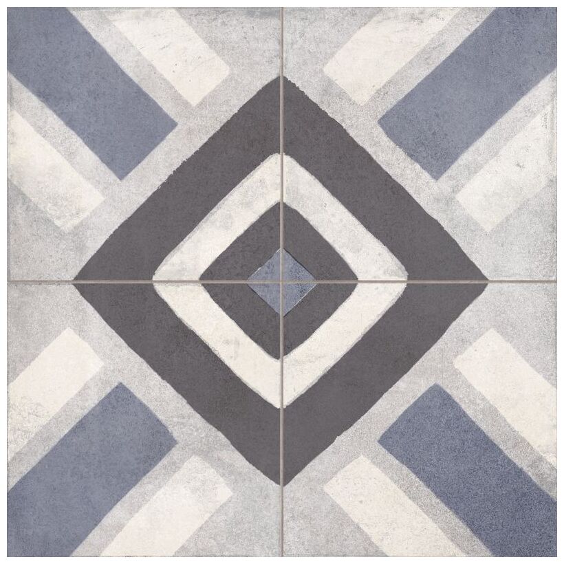 FS Sena Blue gres 45,2x45,2 z geometrycznym wzorem w szarosciach i niebieskim na matowej powierzchni