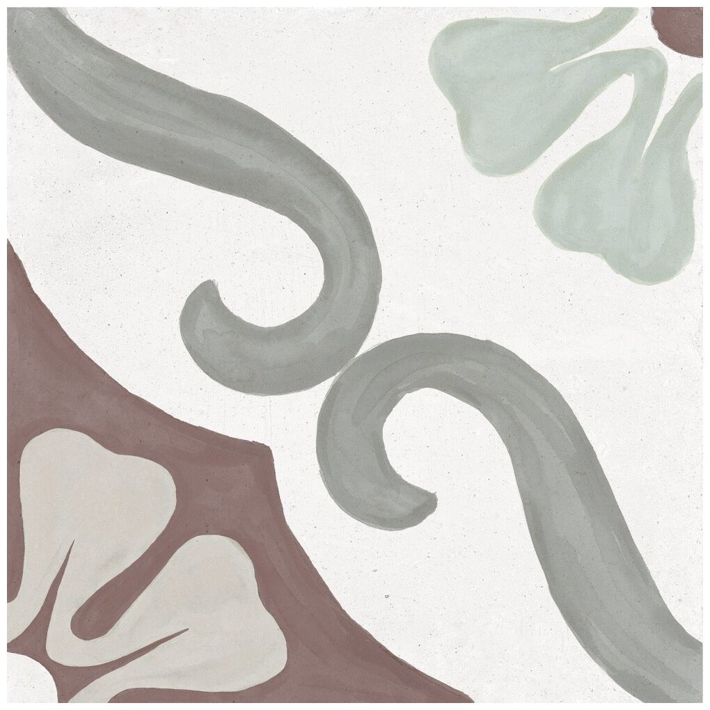 Gres Soroa Cherry SP z geometryczno-roślinnym wzorem w stonowanych kolorach na białym tle