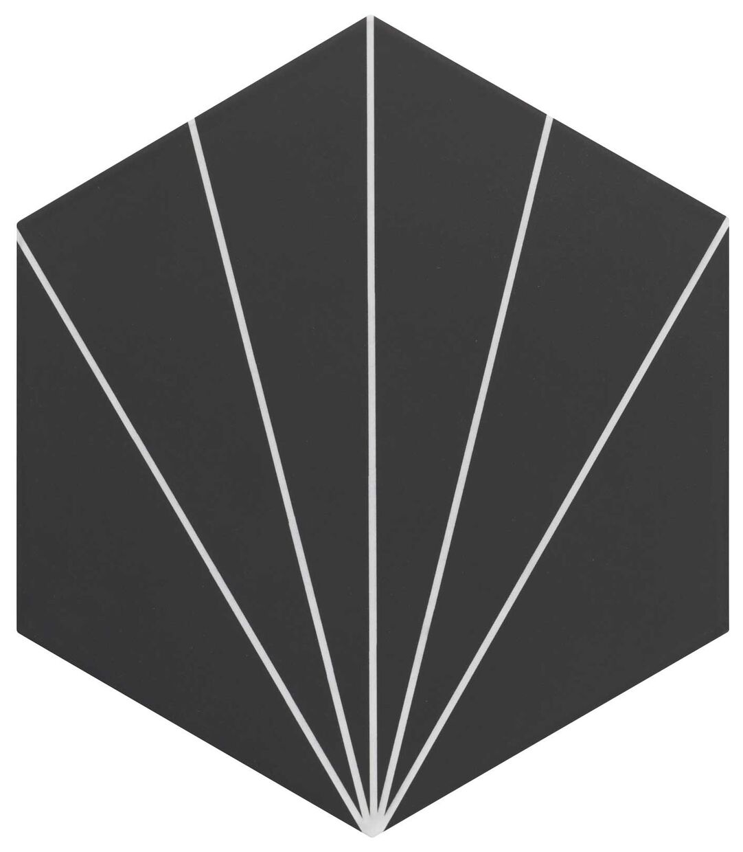 Duży gres heksagonalny Venus Black 28,5x33 cm z białymi geometrycznymi liniami na czerni