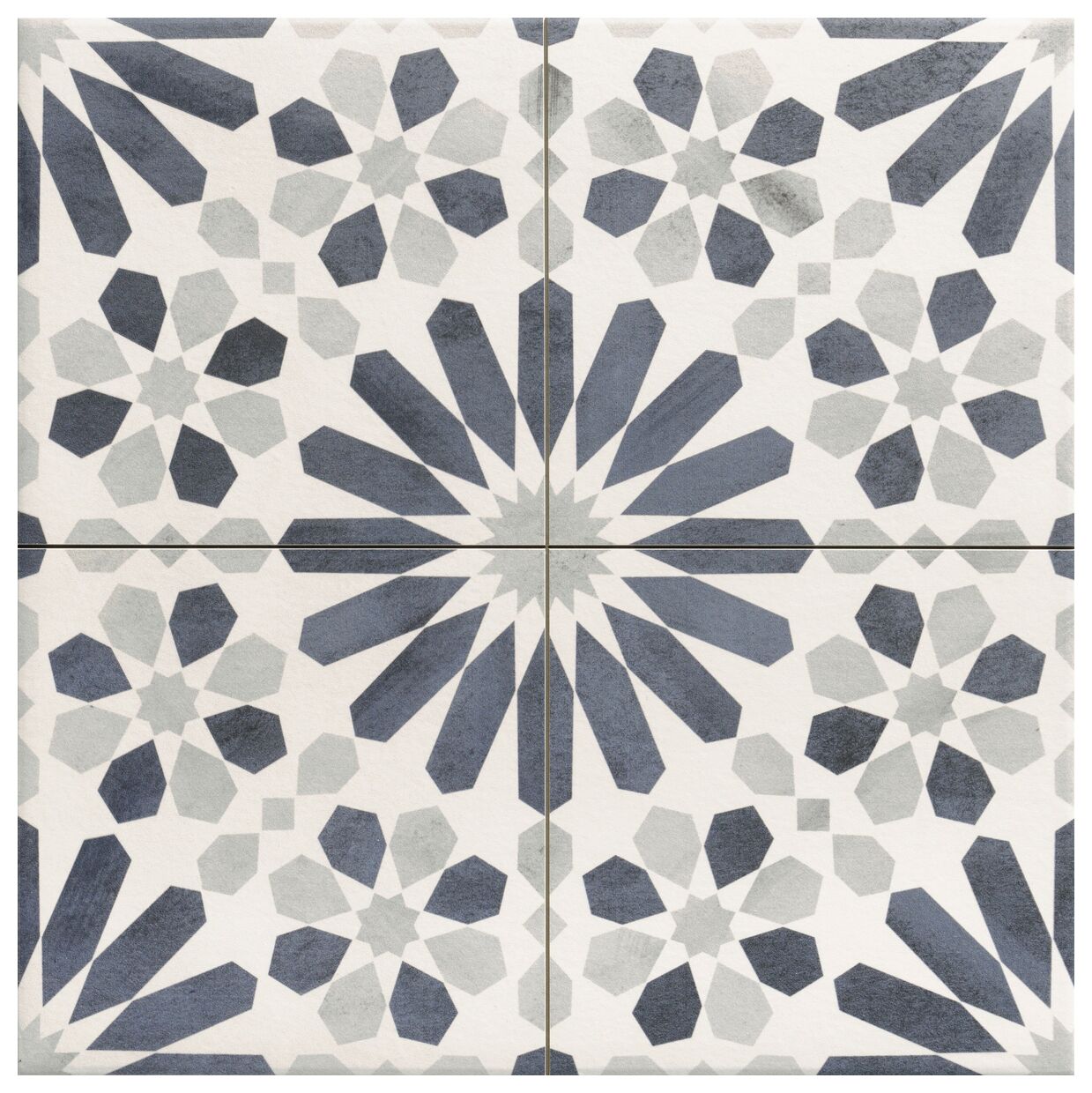 Duży gres Marrakech Blue 44x44 z geometrycznym wzorem w odcieniach niebieskiego i szarości