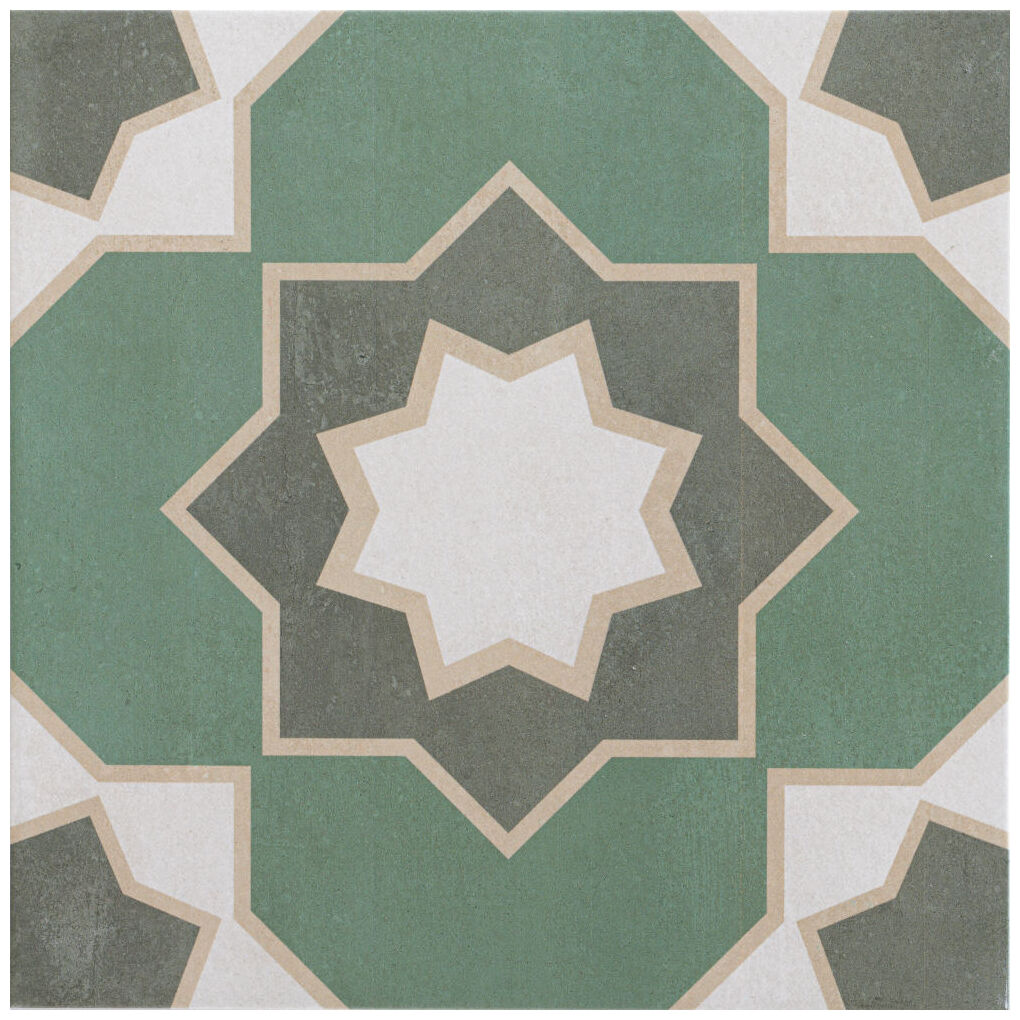 Duży matowy gres hiszpański Izmir Olive 33x33 z geometrycznym wzorem w odcieniach zieleni i beżu