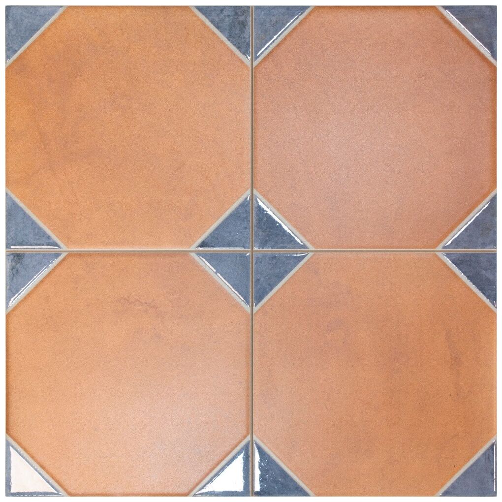 Kwadratowe płytki podłogowe Dover Cotto Blue o wymiarach 33x33 cm z geometrycznym wzorem w stylu retro