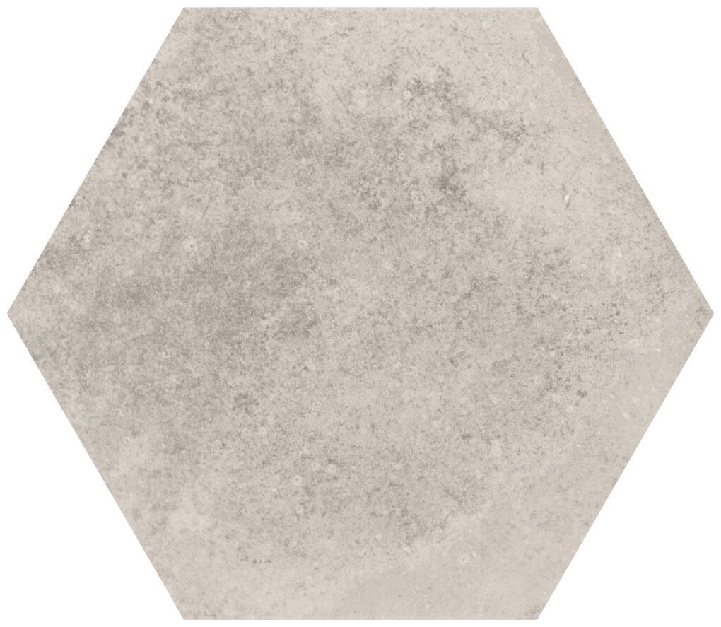Szara płytka Memphis Gris gres 28,5x33 o heksagonalnym kształcie i kamieniopodobnej matowej fakturze