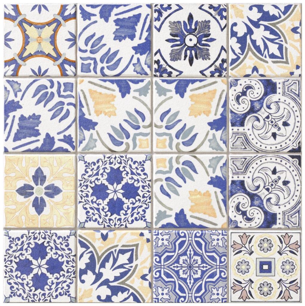 Wyrazisty patchworkowy wzór gresu Medes gres 44x44 w odcieniach niebieskiego i szarości