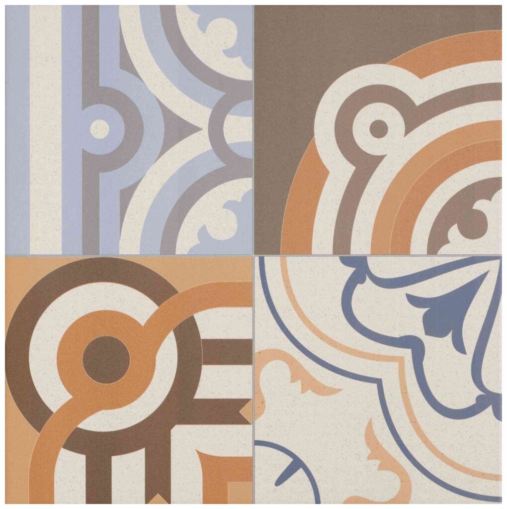 Patchwork gres 44x44 z matową powierzchnią i wzorami geometrycznymi w stonowanych kolorach