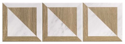 Hiszpański gres Bolzano 15x45 o geometrycznych wzorach w bieli beżu i drewnianym odcieniu