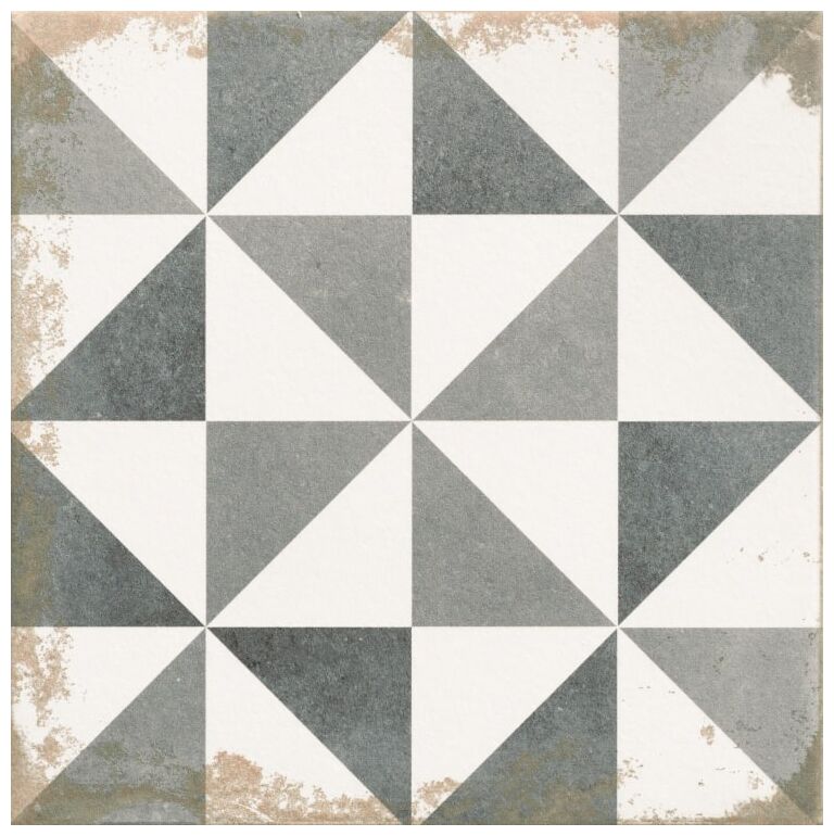 Matowa płytka Antique Triangle 33x33 z geometrycznym wzorem trójkątów w szarościach i bieli