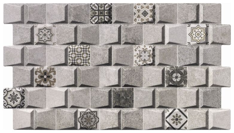 Szary gres strukturalny Megane Gris Deco 31x56 z geometrycznym wzorem i satynowym wykończeniem
