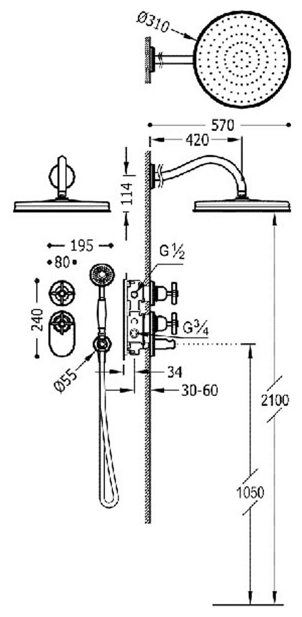tres clasic zestaw baterii prysznicowej termostatycznej block system 24-k złoto (24235202or) - zdjęcie nr: 2