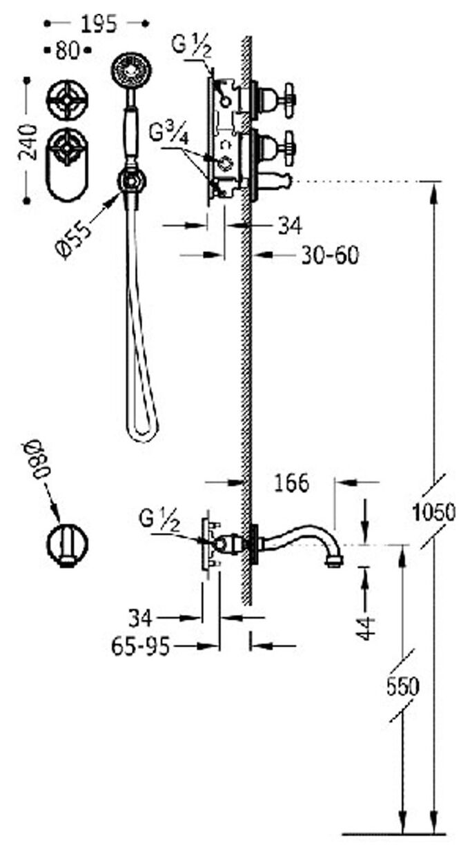 tres clasic zestaw baterii wannowej i prysznicowej termostatycznej block system stal (24235201ac) 