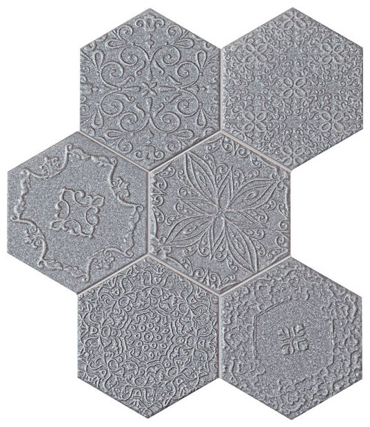 Heksagonalna mozaika Lace Graphite 28,9x22,1 w odcieniach szarości i grafitu z reliefem