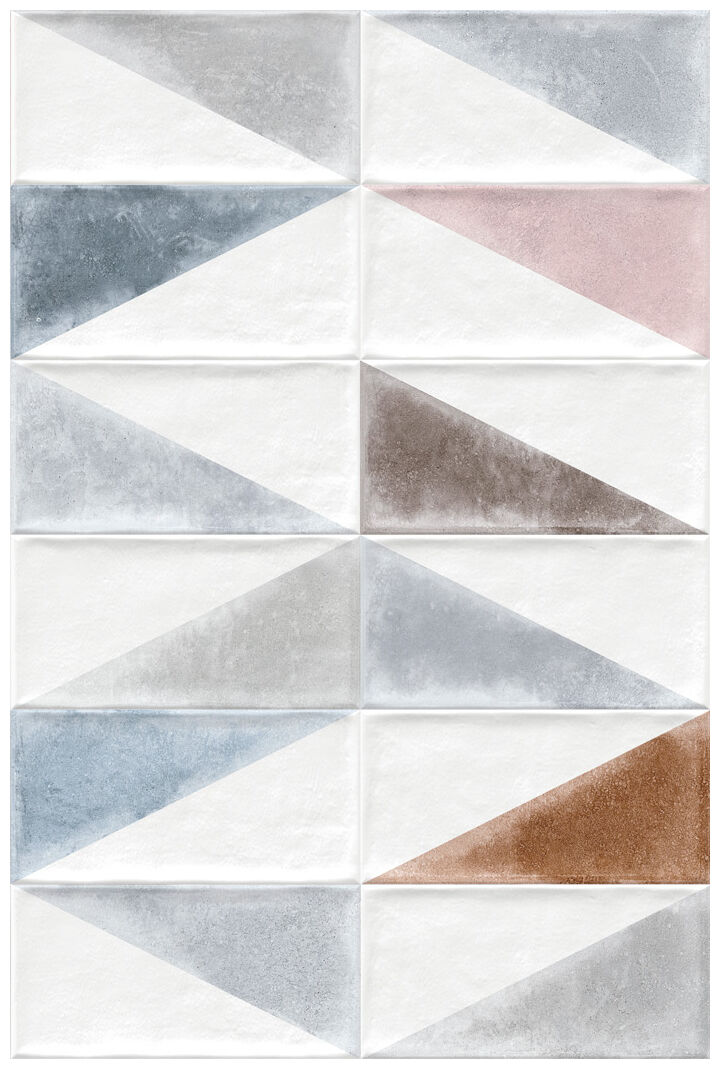 Błyszcząca płytka Rabari Multicolor dekor 10x20 z geometrycznym wzorem i stonowanymi barwami